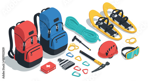 Isometric outdoor adventure gear backpacks, climbing equipment, snowshoes, and more