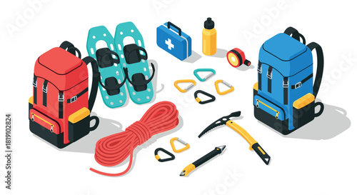 Outdoor adventure equipment for hiking and climbing in isometric design
