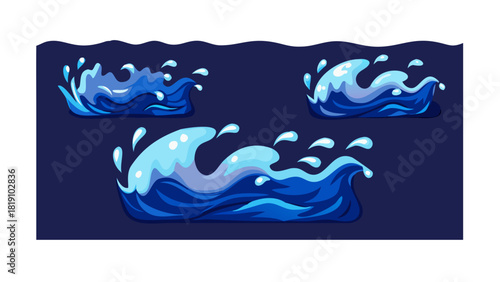 Vector water splashes set. Water waves in cartoon style isolated on dark blue background. Decorative elements for your design. vector icon
