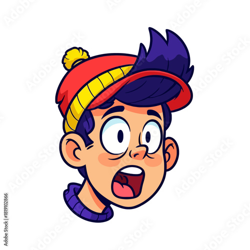 Cartoon boy with surprised expression wearing a red and yellow hat.