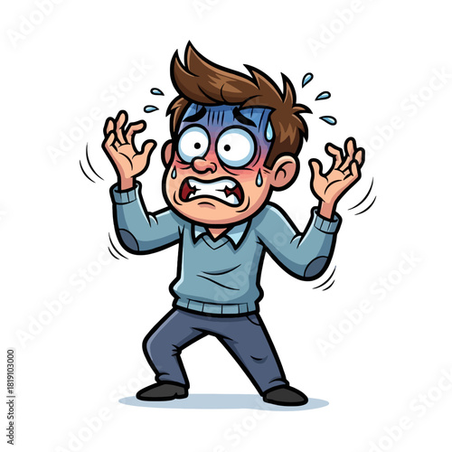 Cartoon man with wide eyes, sweating, and hands raised in fear.