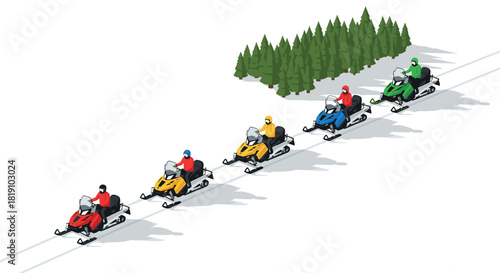 Snowmobile adventure in winter forest isometric scene with riders in vibrant gear