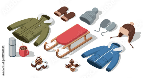 Cozy winter essentials with sled and warm clothing in isometric design