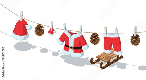 Isometric christmas clothing and pine cones on clothesline with sled and shadows