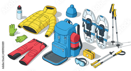 Essential winter hiking gear in modern isometric style for outdoor enthusiasts