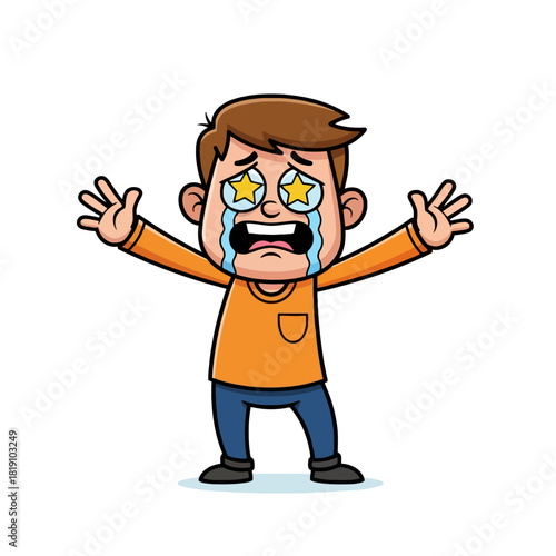 Excited cartoon boy with star-shaped eyes crying tears of overwhelming joy and amazement.