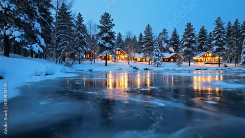 Winter Wonderland: Cozy Cabins Reflecting on a Frozen Lake at Dusk.