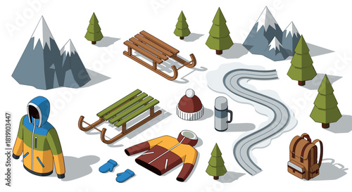 Winter outdoors isometric set with sleds, snowy trees, and gear