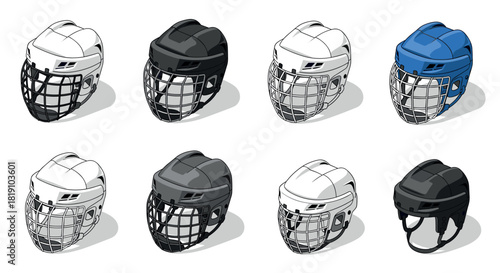 Isometric ice hockey helmets set in various colors and styles
