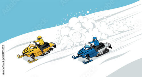 Dynamic snowmobile race on winter mountain in bold cartoon style