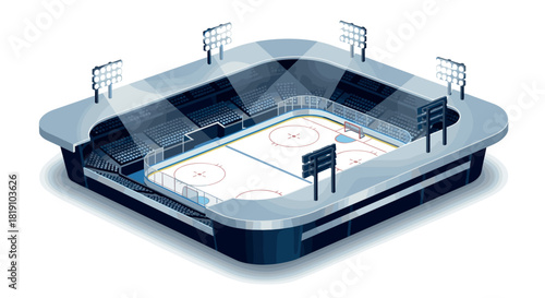 Modern isometric ice hockey arena with detailed interior and bright stadium lights