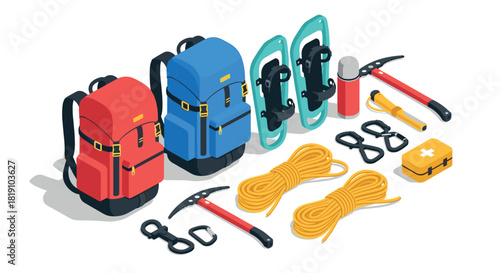 Outdoor adventure equipment isometric backpack, snowshoes, climbing gear, rope, and ice axe collection