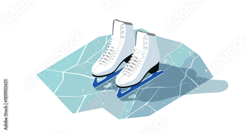 Pair of ice skates on geometric ice rink with winter shadows in isometric design