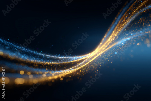 Abstract Wavy Lines of Glowing Blue and Gold Particles Creating a Dynamic Flow on a Dark Background