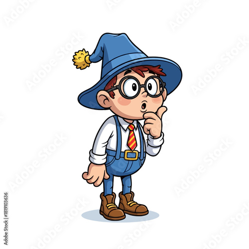 Cartoon boy with glasses and a blue hat thinking.