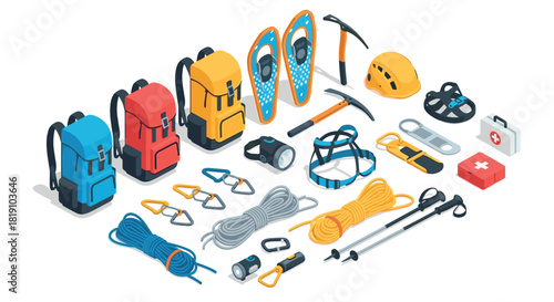 Essential climbing gear in isometric style for outdoor adventures and safety