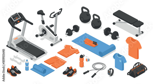 Isometric home gym equipment set with treadmill, dumbbells, and sportswear