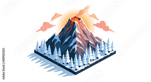 Isometric volcanic mountain with lava and snowy pines