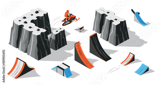 Isometric snowmobile adventure with ramps and rocky terrain
