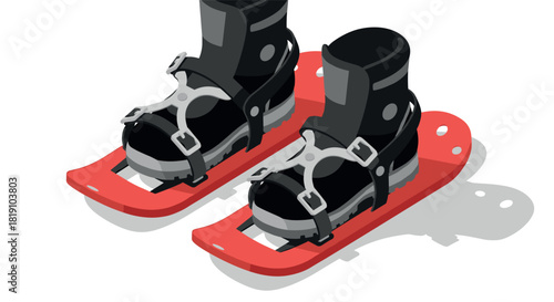 Isometric red snowshoes with black boots on white background