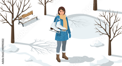 Woman holding ice skates in winter park scene with snow and bare trees