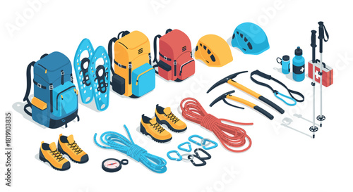 Isometric outdoor adventure gear with backpacks, helmets, and climbing equipment in bright colors