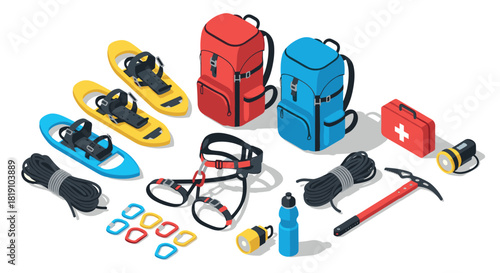 Isometric winter adventure gear with backpacks, snowshoes, climbing equipment