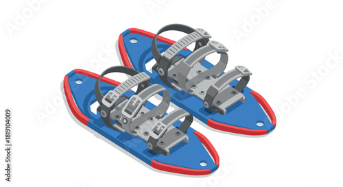 Cartoon snowshoes with straps on blue and red boards for winter fun