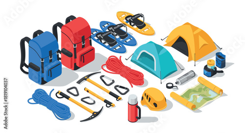 Isometric outdoor adventure camping and hiking gear for modern explorers