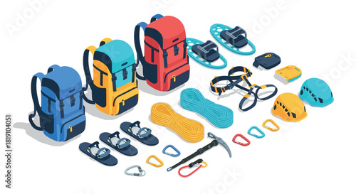 Isometric mountain climbing gear set with backpacks and safety equipment