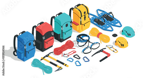 Colorful isometric mountaineering gear and equipment set for outdoor adventure