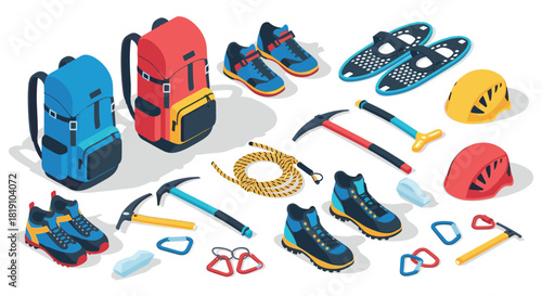 Isometric camping gear set with backpacks, hiking boots, and climbing equipment