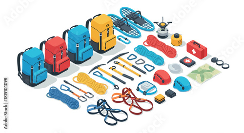 Isometric hiking gear set with backpacks, tools, and maps for outdoor adventures