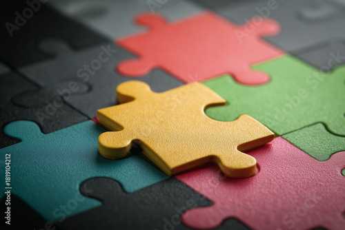 Bright yellow puzzle piece standing out from a colorful puzzle board, representing solution, uniqueness, or a missing piece