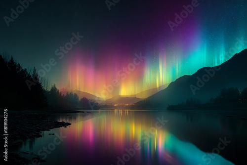 Vibrant northern lights illuminate a night sky over a calm lake reflecting mountains and distant town lights