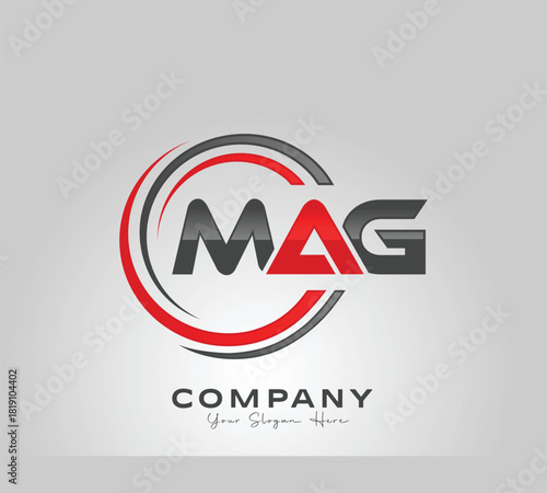 Modern MAG Letter Logo Design – Red, White & Black Circular Creative Branding