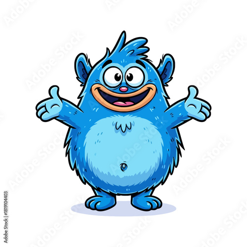 A cute and friendly blue furry monster character with open arms, smiling happily on a white background.