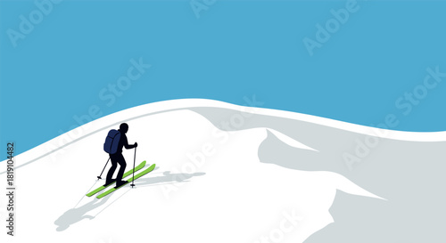 Minimalist silhouette of skier on snowy mountain with blue sky background