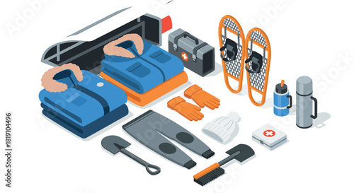 Winter sports gear collection in isometric style for outdoor adventures