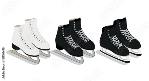 Isometric ice skates set classic white and black designs with shadow effects