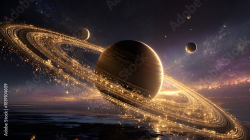 Saturn inspired planet with glowing ring system surrounded by moons in deep space