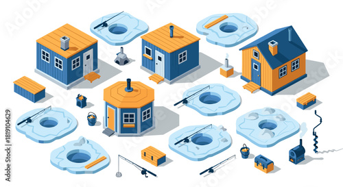 Isometric ice fishing cabins and gear set with detailed winter elements