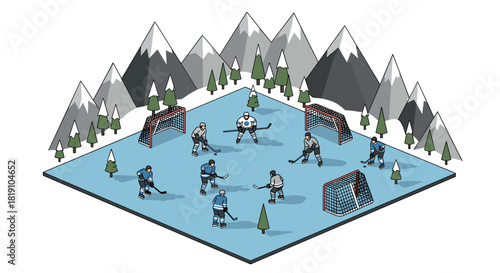 Ice hockey game in mountainous landscape with isometric players on rink