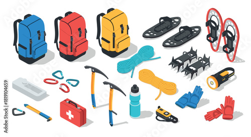 Isometric mountaineering gear collection featuring backpacks, ice axes, and safety equipment