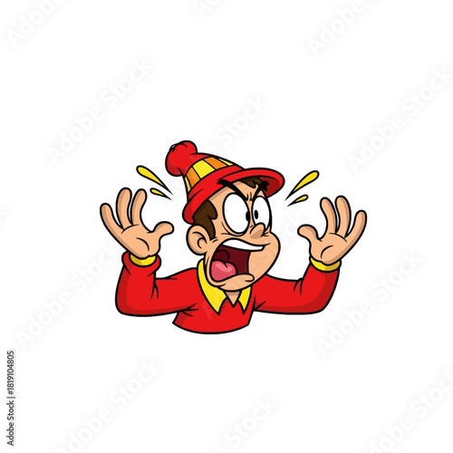 Cartoon illustration of an angry man with a red hat and shirt, screaming with open hands.