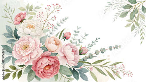 Watercolor floral corner arrangement with pink peonies