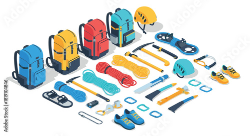 Colorful isometric hiking and climbing gear collection for outdoor adventures