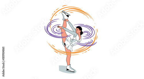 Dynamic ice skater performing an elegant spin in vibrant swirls
