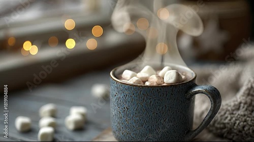 **Description:** A close-up view of a textured blue ceramic mug filled with hot chocolate and topped with fluffy white marshmallows. Thick steam rises in swirls from the hot beverage, creating a warm 