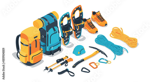 Isometric hiking and climbing gear backpacks, snowshoes, ropes, and more